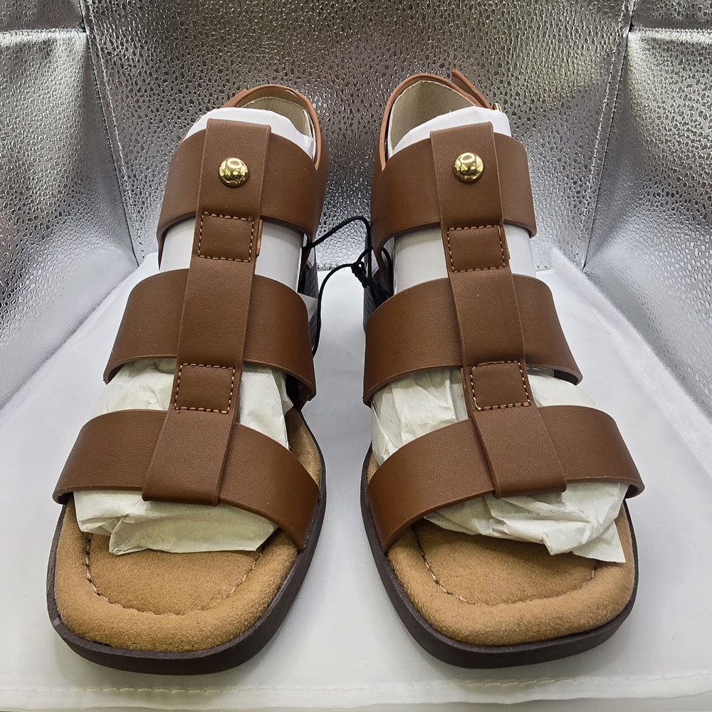Brown Strappy Sandals with Gold Accents